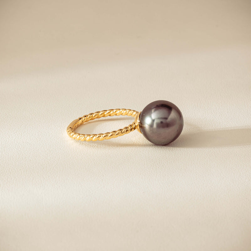 18ct Yellow Gold 12mm Black Pearl Twine Ring - Ring - Walker & Hall