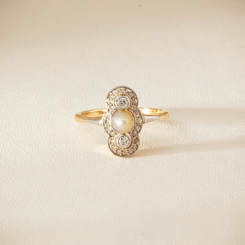 Vintage 14ct Yellow Gold Pearl & Diamond Art Deco Ring - Ring - Walker & Hall