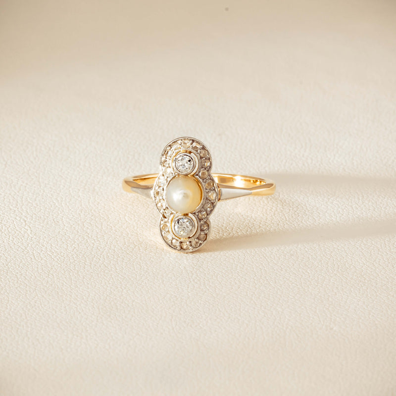 Vintage 14ct Yellow Gold Pearl & Diamond Art Deco Ring - Ring - Walker & Hall