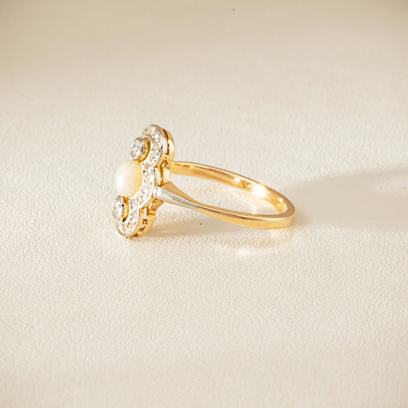 Vintage 14ct Yellow Gold Pearl & Diamond Art Deco Ring - Ring - Walker & Hall