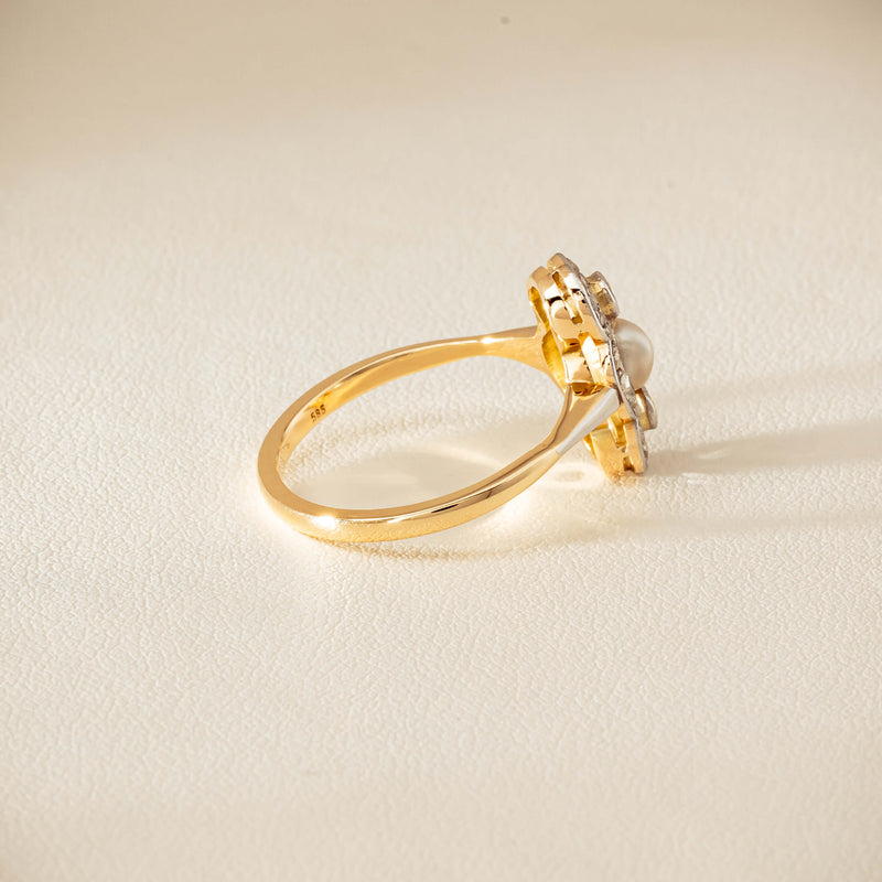 Vintage 14ct Yellow Gold Pearl & Diamond Art Deco Ring - Ring - Walker & Hall