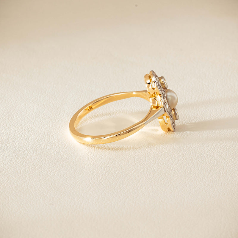 Vintage 14ct Yellow Gold Pearl & Diamond Art Deco Ring - Ring - Walker & Hall