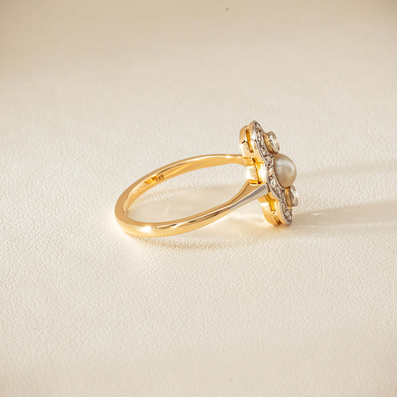 Vintage 14ct Yellow Gold Pearl & Diamond Art Deco Ring - Ring - Walker & Hall