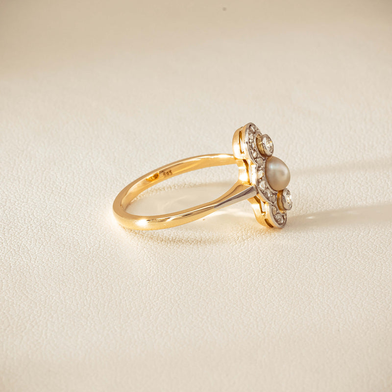 Vintage 14ct Yellow Gold Pearl & Diamond Art Deco Ring - Ring - Walker & Hall