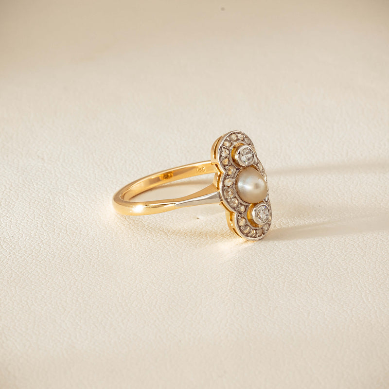 Vintage 14ct Yellow Gold Pearl & Diamond Art Deco Ring - Ring - Walker & Hall