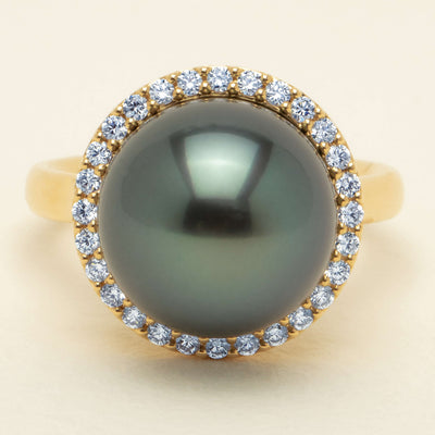 18ct Yellow Gold 12.8mm Tahitian Pearl Diamond Callisto Ring - Ring - Walker & Hall