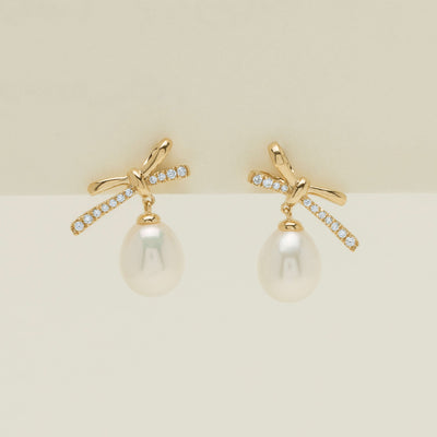 9ct Yellow Gold Freshwater Pearl Diamond Bow Earrings - Earrings - Walker & Hall