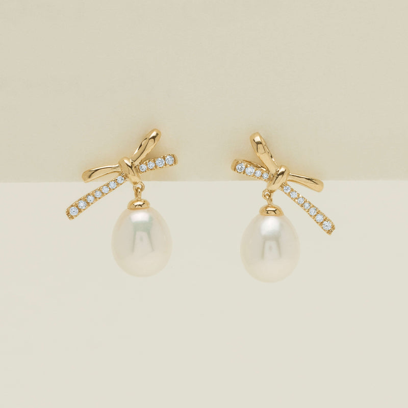 9ct Yellow Gold Freshwater Pearl Diamond Bow Earrings - Earrings - Walker & Hall