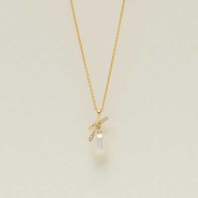 9ct Yellow Gold Freshwater Pearl Diamond Bow Pendant - Necklace - Walker & Hall