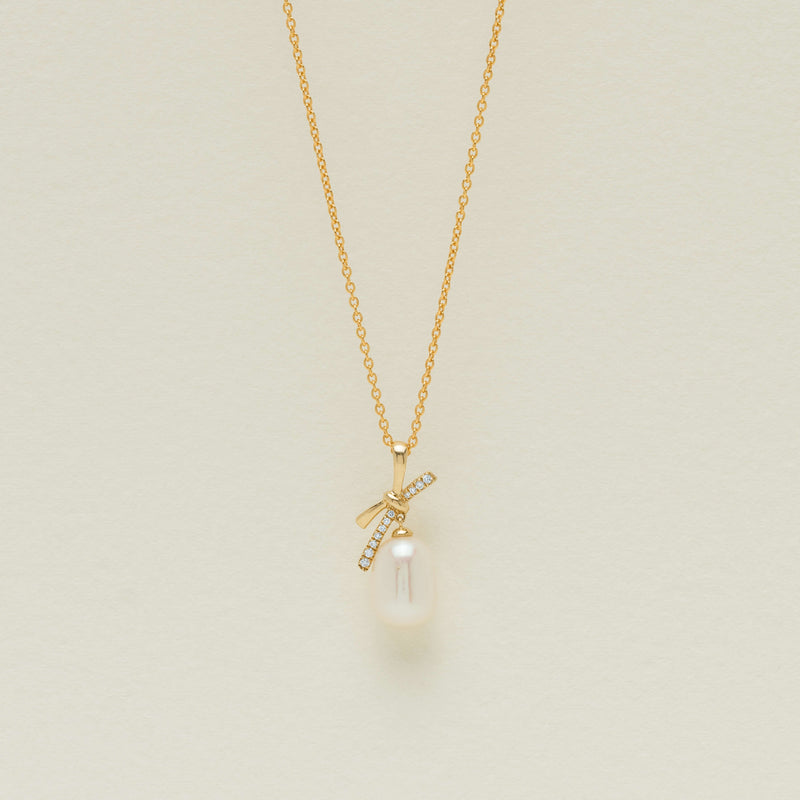9ct Yellow Gold Freshwater Pearl Diamond Bow Pendant - Necklace - Walker & Hall