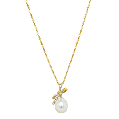 9ct Yellow Gold Freshwater Pearl Diamond Bow Pendant - Pendant - Walker & Hall