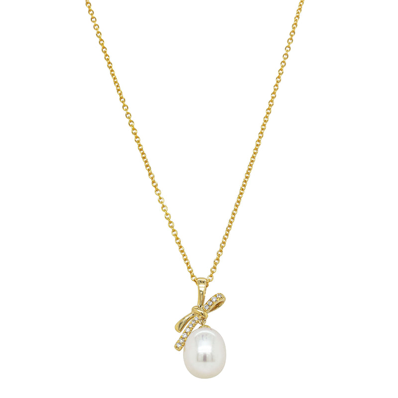 9ct Yellow Gold Freshwater Pearl Diamond Bow Pendant - Pendant - Walker & Hall