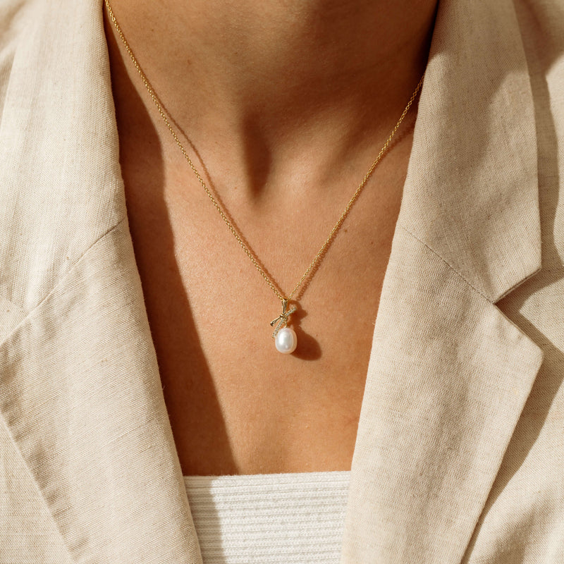 9ct Yellow Gold Freshwater Pearl Diamond Bow Pendant - Pendant - Walker & Hall