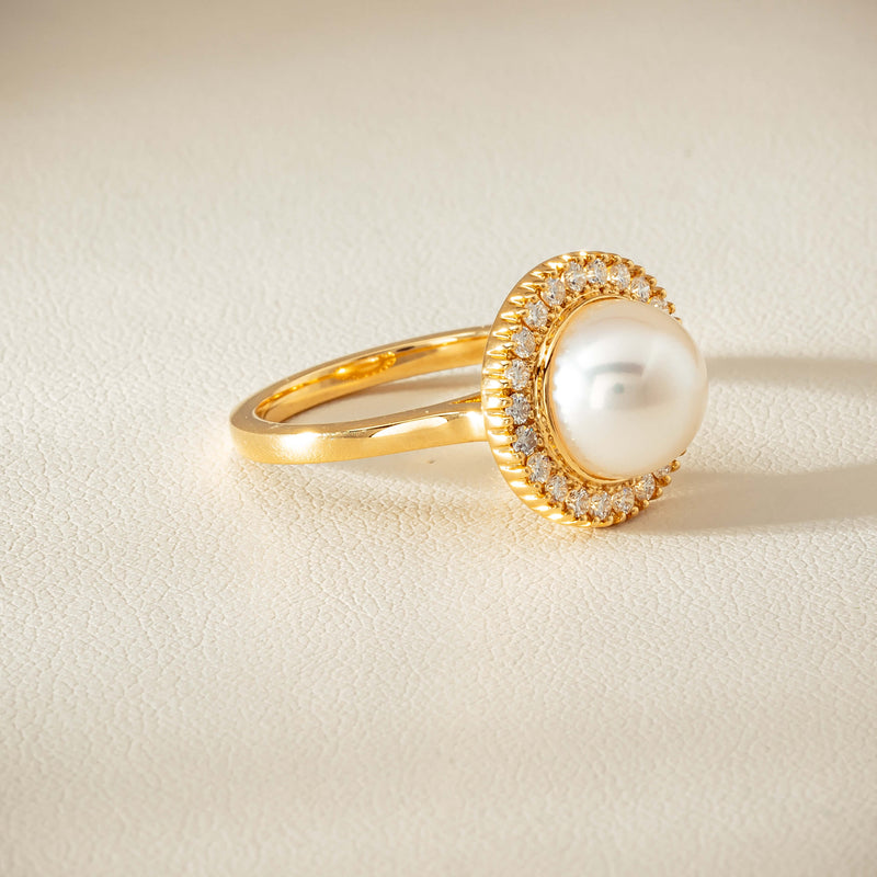 18ct Yellow Gold 9mm South Sea Pearl & Diamond Daisy Ring - Ring - Walker & Hall