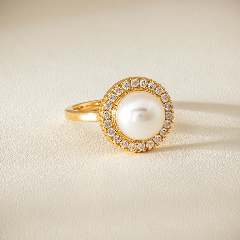 18ct Yellow Gold 9mm South Sea Pearl & Diamond Daisy Ring - Ring - Walker & Hall