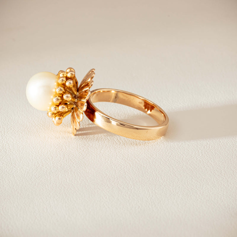 Vintage 14ct Yellow Gold 9mm Akoya Pearl Flower Ring