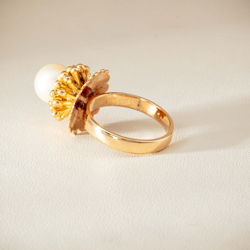 Vintage 14ct Yellow Gold 9mm Akoya Pearl Flower Ring