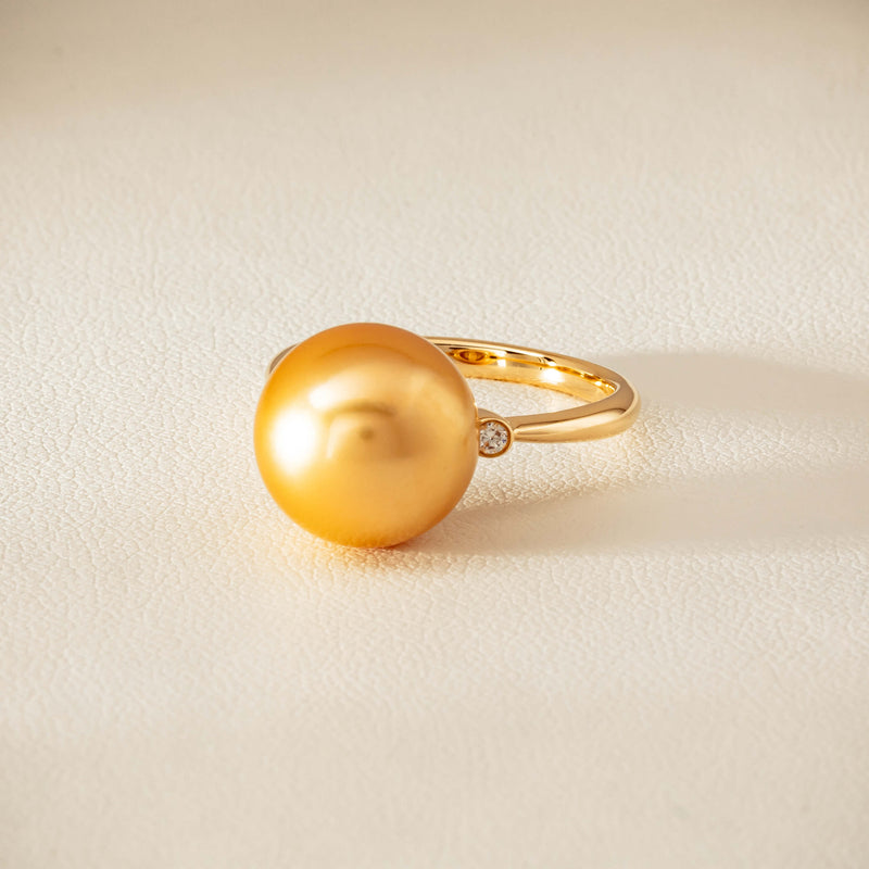 18ct Yellow Gold 12mm Golden South Sea Pearl Diamond Ring - Ring - Walker & Hall