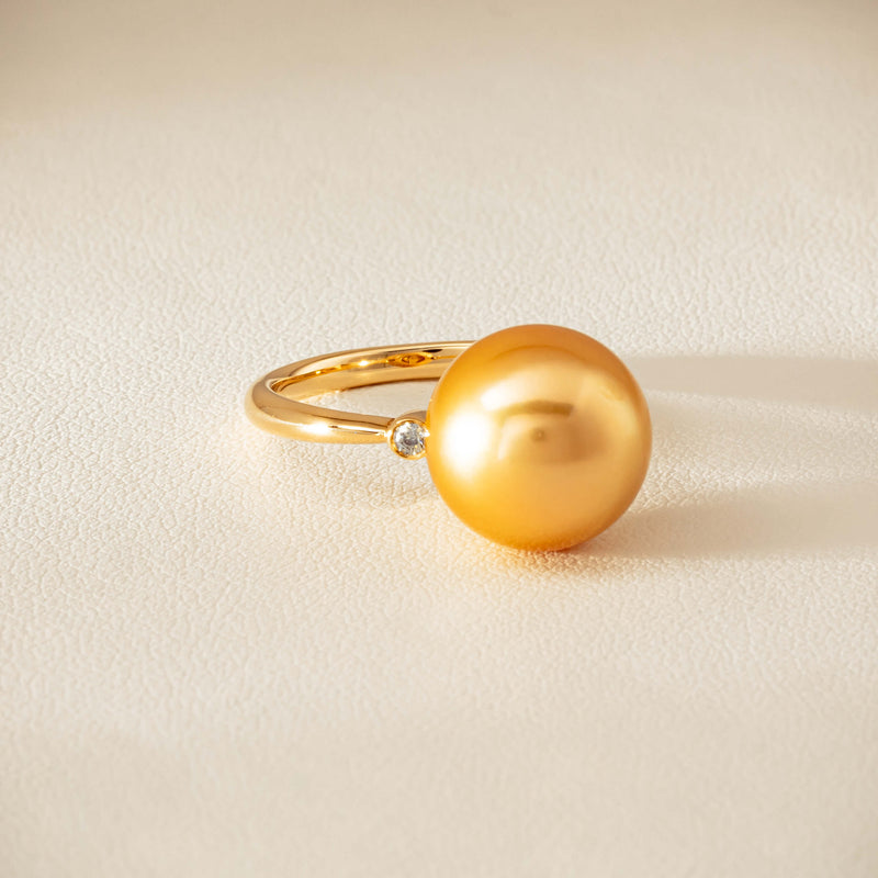 18ct Yellow Gold 12mm Golden South Sea Pearl Diamond Ring - Ring - Walker & Hall