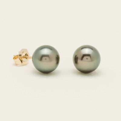 9ct Yellow Gold 8-8.5mm Tahitian Black Pearl Stud Earrings