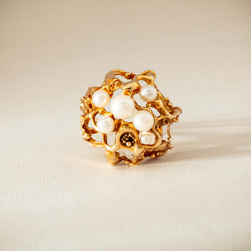 Deja Vu 9ct Yellow Gold Pearl Brutalist Cocktail Ring - Ring - Walker & Hall