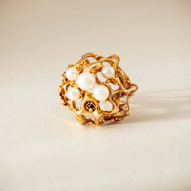 Deja Vu 9ct Yellow Gold Pearl Brutalist Cocktail Ring - Ring - Walker & Hall