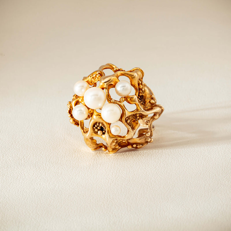 Deja Vu 9ct Yellow Gold Pearl Brutalist Cocktail Ring - Ring - Walker & Hall