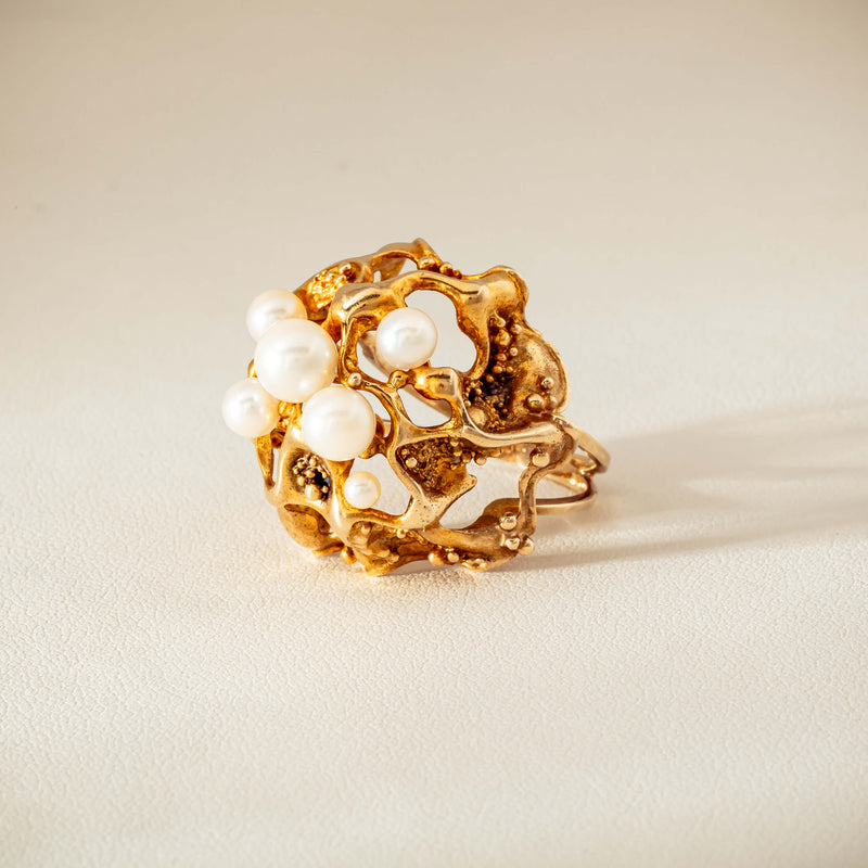 Deja Vu 9ct Yellow Gold Pearl Brutalist Cocktail Ring - Ring - Walker & Hall