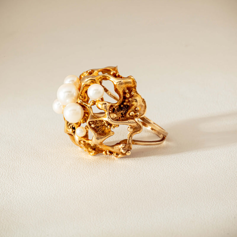 Deja Vu 9ct Yellow Gold Pearl Brutalist Cocktail Ring - Ring - Walker & Hall