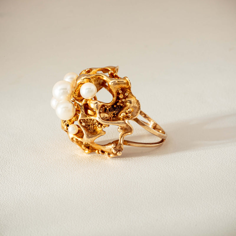 Deja Vu 9ct Yellow Gold Pearl Brutalist Cocktail Ring - Ring - Walker & Hall