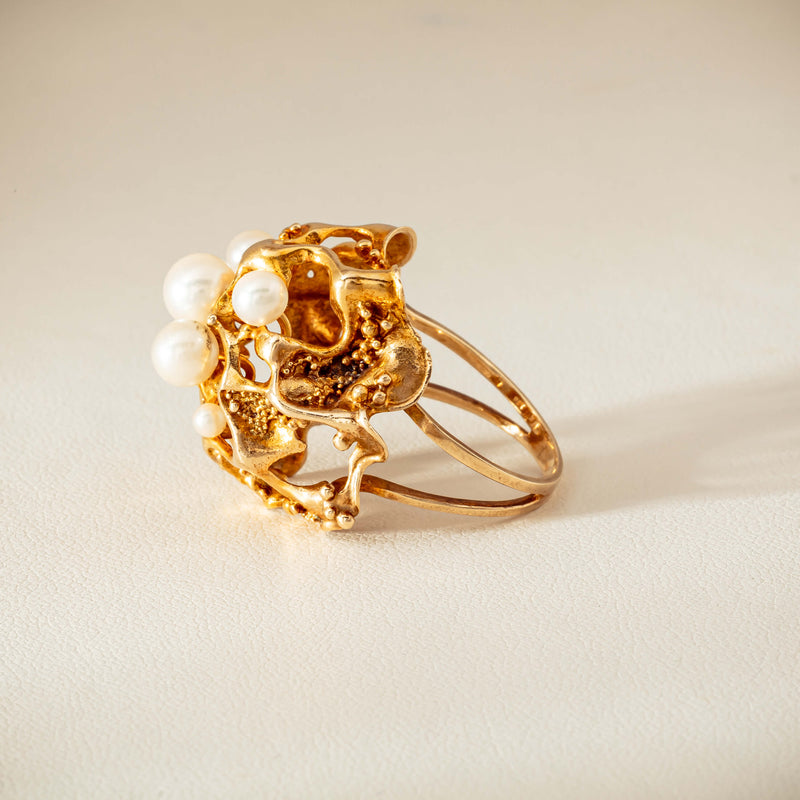 Deja Vu 9ct Yellow Gold Pearl Brutalist Cocktail Ring - Ring - Walker & Hall