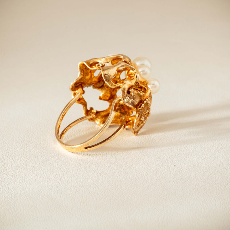 Deja Vu 9ct Yellow Gold Pearl Brutalist Cocktail Ring - Ring - Walker & Hall