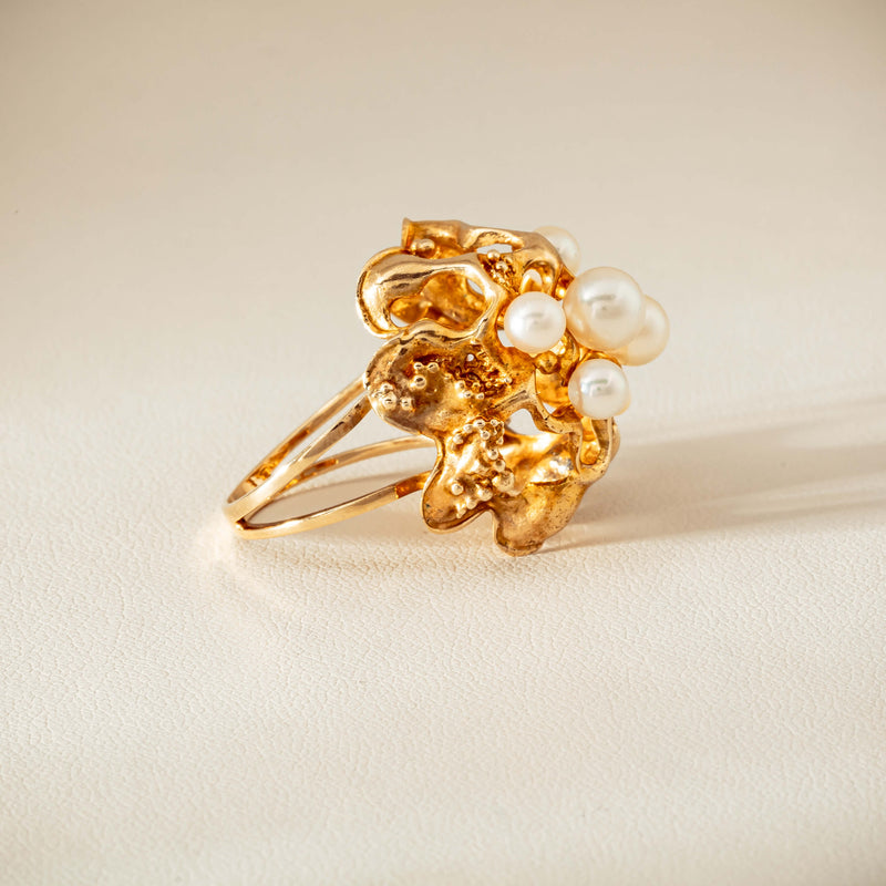 Deja Vu 9ct Yellow Gold Pearl Brutalist Cocktail Ring - Ring - Walker & Hall