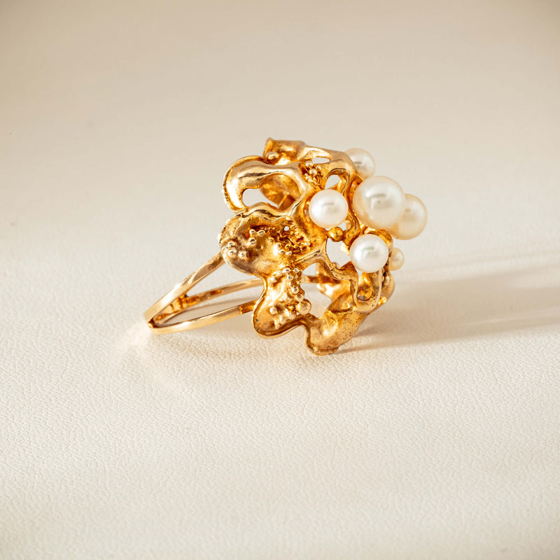 Deja Vu 9ct Yellow Gold Pearl Brutalist Cocktail Ring - Ring - Walker & Hall