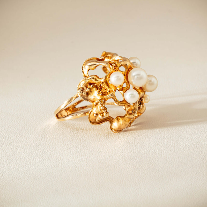 Deja Vu 9ct Yellow Gold Pearl Brutalist Cocktail Ring - Ring - Walker & Hall