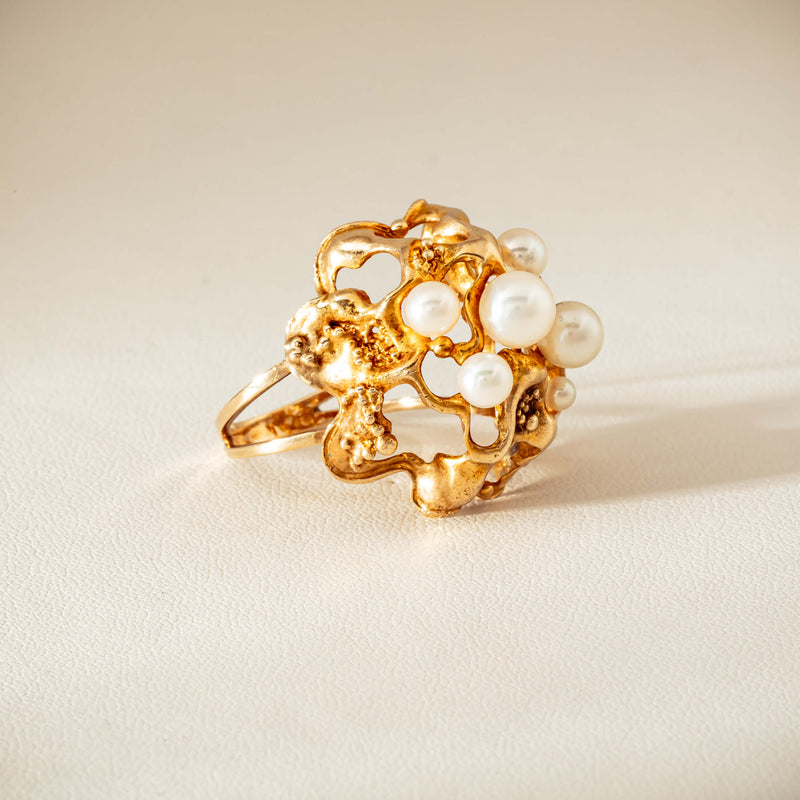 Deja Vu 9ct Yellow Gold Pearl Brutalist Cocktail Ring - Ring - Walker & Hall