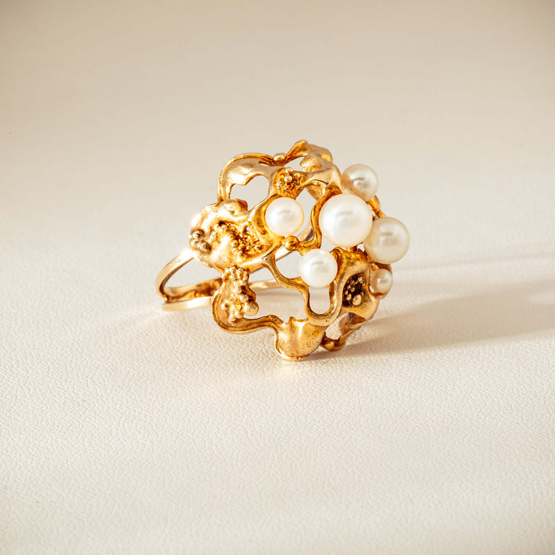 Deja Vu 9ct Yellow Gold Pearl Brutalist Cocktail Ring - Ring - Walker & Hall