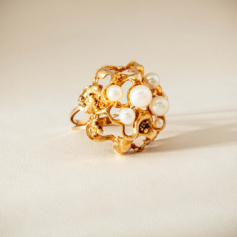 Deja Vu 9ct Yellow Gold Pearl Brutalist Cocktail Ring - Ring - Walker & Hall