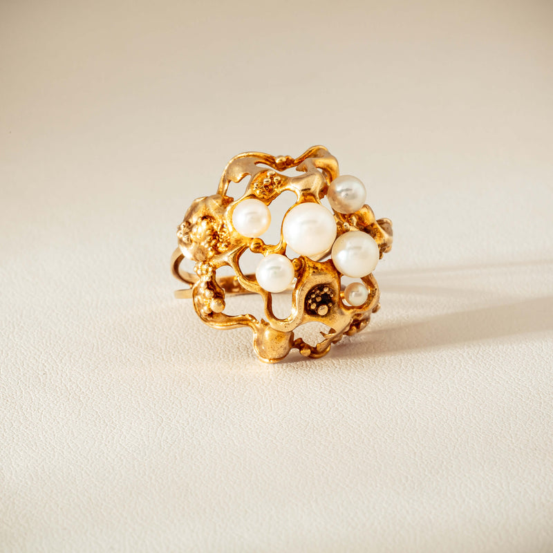 Deja Vu 9ct Yellow Gold Pearl Brutalist Cocktail Ring - Ring - Walker & Hall