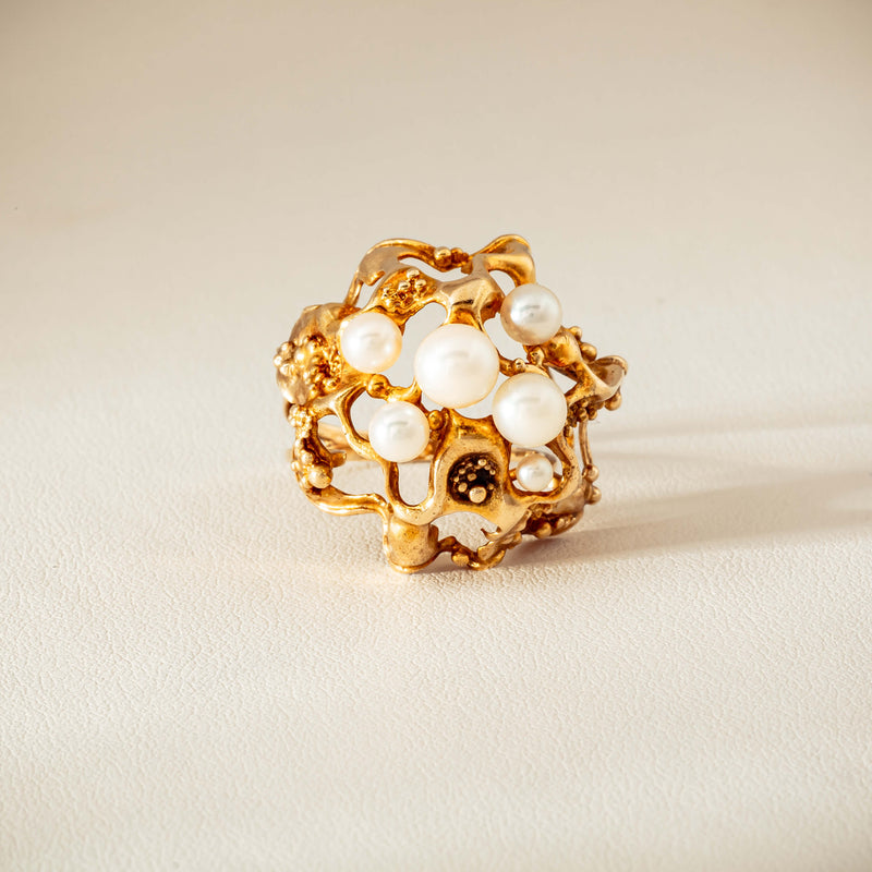 Deja Vu 9ct Yellow Gold Pearl Brutalist Cocktail Ring - Ring - Walker & Hall