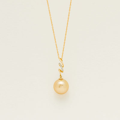 18ct Yellow Gold 13mm Golden Pearl & Diamond Pendant - Necklace - Walker & Hall