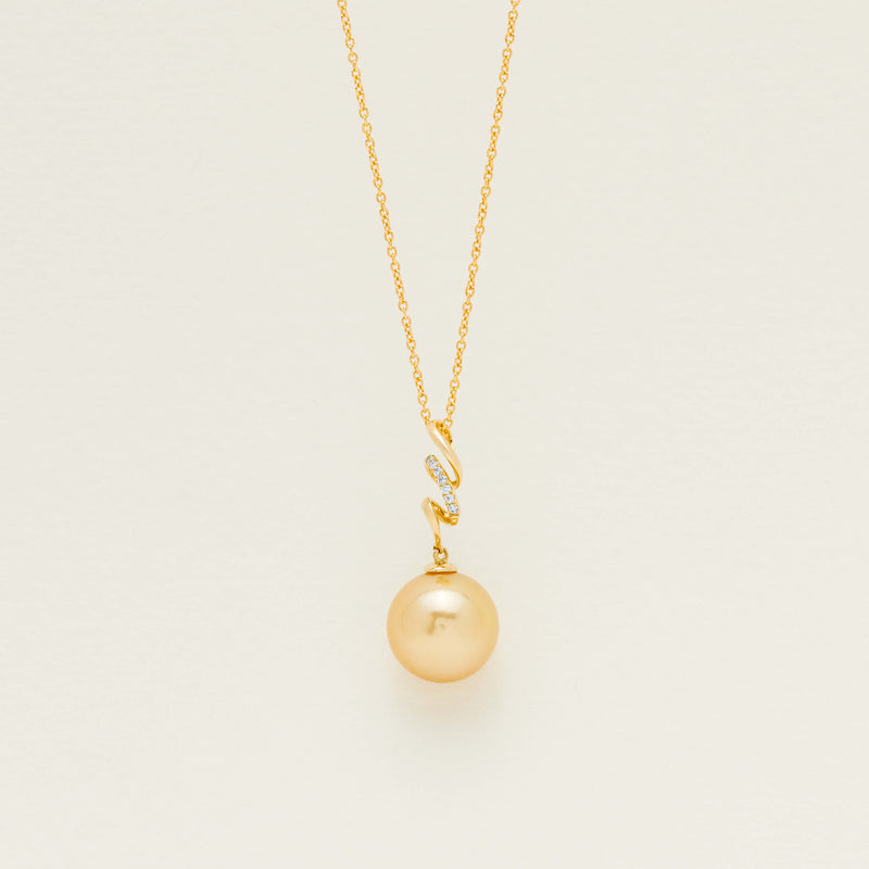 18ct Yellow Gold 13mm Golden Pearl & Diamond Pendant - Necklace - Walker & Hall