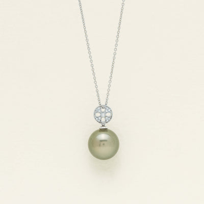 18ct White Gold 13mm Black Pearl Diamond Milgrain Pendant - Necklace - Walker & Hall