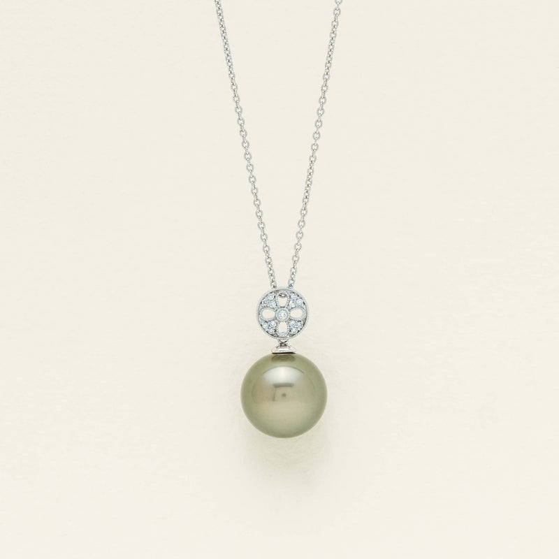 18ct White Gold 13mm Black Pearl Diamond Milgrain Pendant - Necklace - Walker & Hall