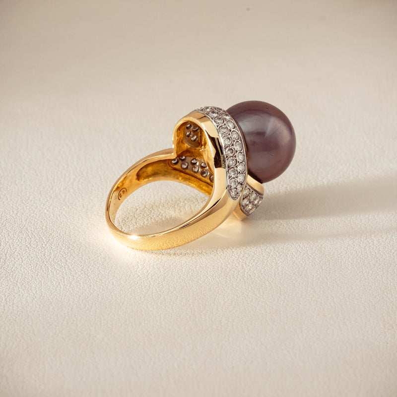 Deja Vu 18ct Yellow Gold 11.8mm Black Pearl & Diamond Ring - Ring - Walker & Hall