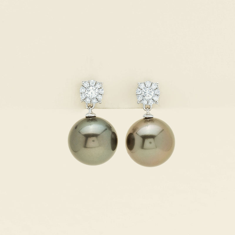 18ct White Gold 11.3mm Black Pearl Diamond Galaxy Earrings