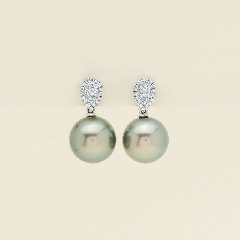 18ct White Gold 11.3mm Black Pearl Diamond Aegean Earrings