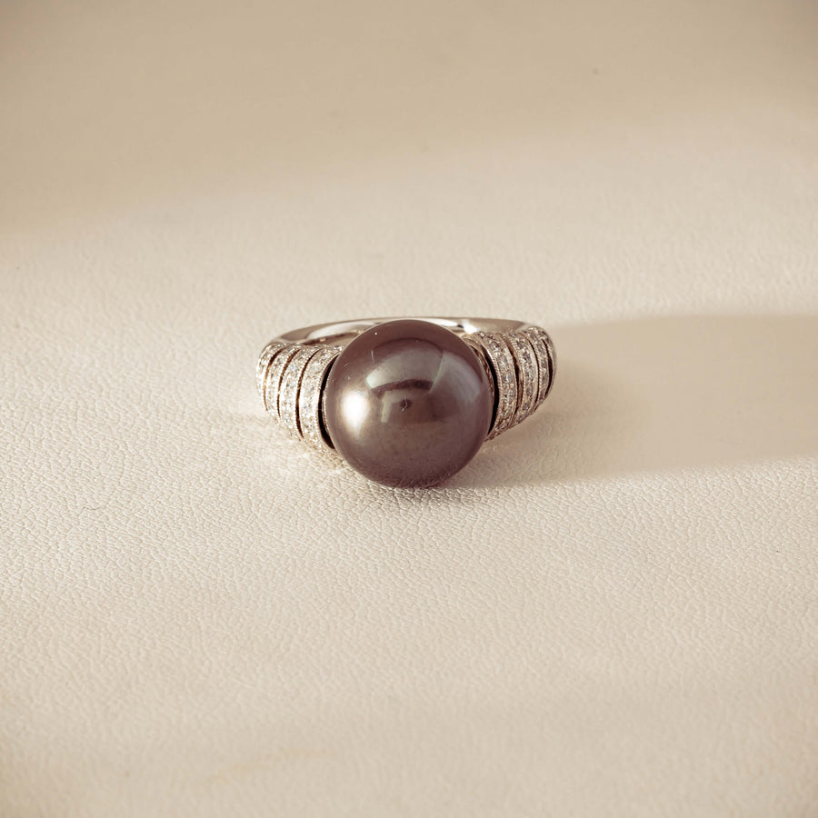 Deja Vu Platinum 13mm Black Pearl & Diamond Ring - Ring - Walker & Hall