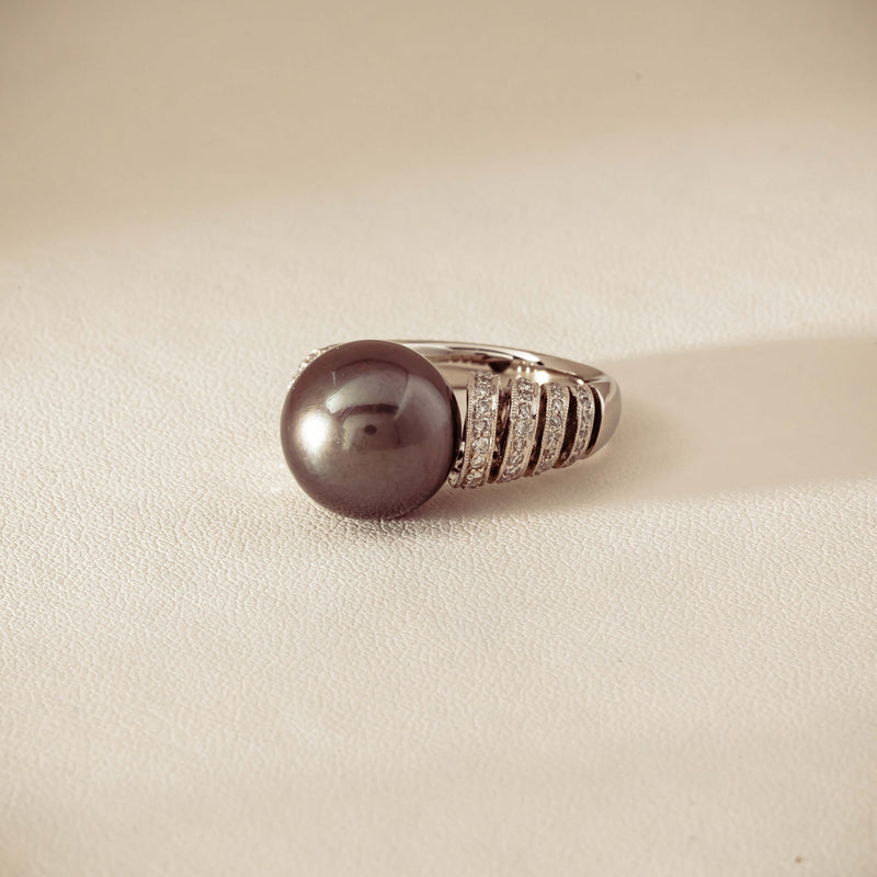 Deja Vu Platinum 13mm Black Pearl & Diamond Ring - Ring - Walker & Hall