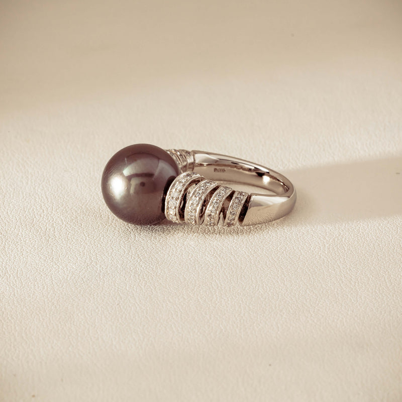 Deja Vu Platinum 13mm Black Pearl & Diamond Ring - Ring - Walker & Hall